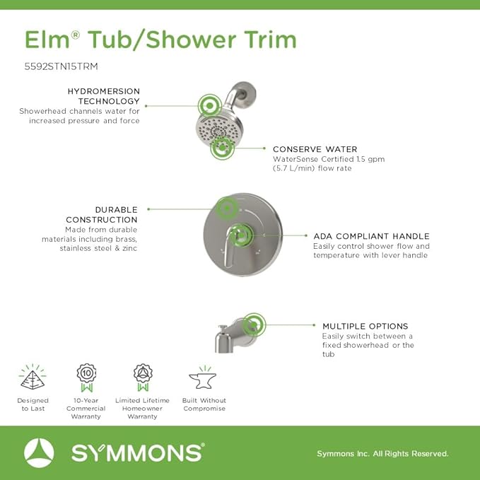 Elm Single Handle Wall Mounted Tub and Shower Trim Kit with Diverter Lever in Satin Nickel (Valve Not Included) - 5592STN15TRM