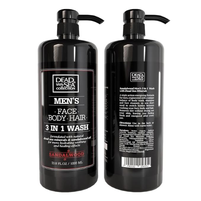 Dead Sea Collection Mens Body Wash 3 in 1 – Sandalwood Body Wash for Men – Shower Gel – Shampoo – Shower Soap for Face and Hair – Pack of 2 Bottles (33.8 Fl. Oz. Each)