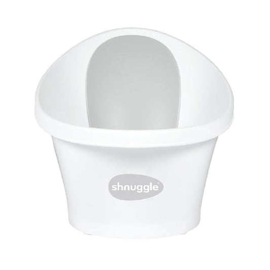 Shnuggle Newborn Baby Bath | Built in Support Bump and Soft Backrest | Suitable from Newborn | Bath Seat Support Includes Plug | White with Grey Backrest