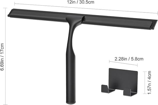Shower Squeegee for Glass Doors, Shower Squeegee for Tile Shower Walls, Stainless Steel Squeegee for Bathroom, Windows and Mirrors with Storage Hook-12”, Black