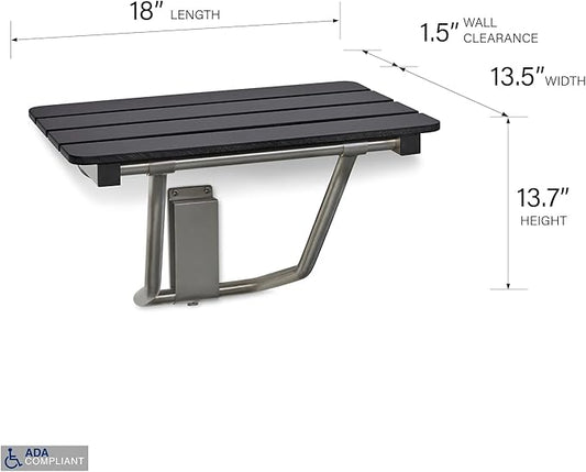 18-inch x 15-inch ADA Folding Wall Mount Bathroom Shower Seat Bench, Black Slatted Phenolic Seat