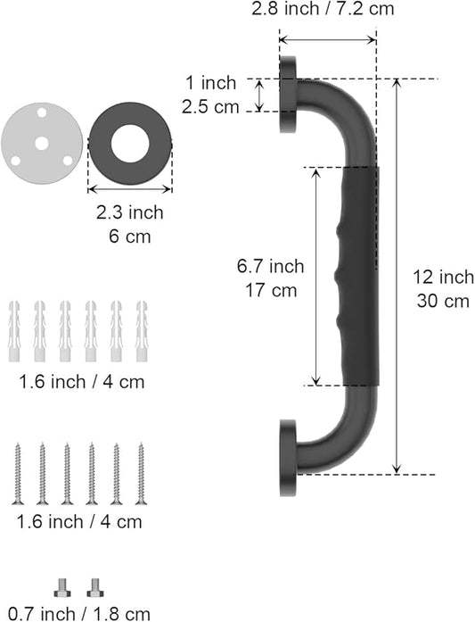 12 Inch Black Shower Grab Bar w/Anti Slip Rubber Grip, Munzong 2 Pack Stainless Steel Bathroom Grab Bar, Bathroom Balance Bar,Safety Handrail Support,Handicap Injury Elderly Senior Assist Bath Handle