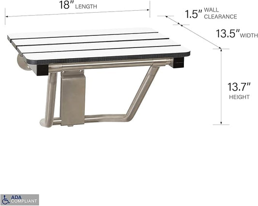18" x 15" Phenolic White 3” Slats Folding Wall Mount Shower Seat Bench, ADA Compliant