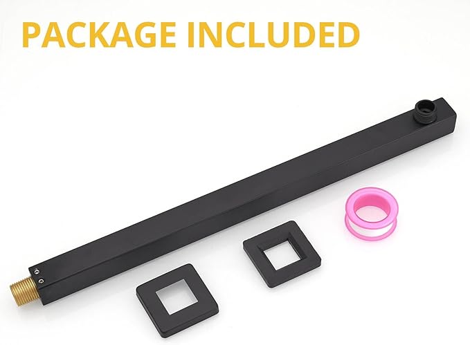 BESy 14 Inches Straight Extended Shower Arm With Flange, Rain Shower Head Extension Arms, Square Shower Rod Shower Head Extender Arm Shower Pipe Extension, Wall-Mounted Matte Black Stainless Steel