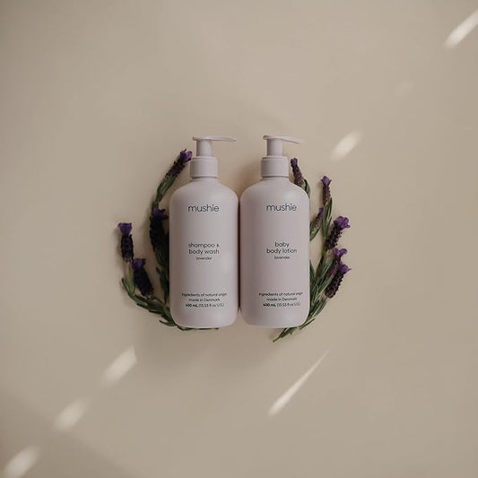mushie Baby Shampoo & Body Wash | Gentle Formula for Delicate Skin | Certified Organic | Made in Denmark, 13.53 fl oz (Lavender)