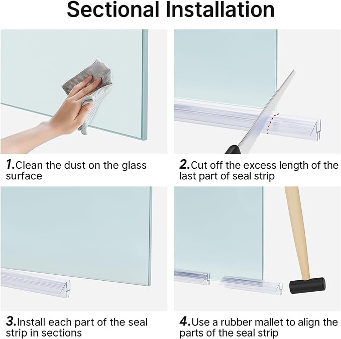 AmazerBath 3PCS Shower Door Bottom Seal for 1/4 Inch Glass - (15.75 Inches * 3), 3 Section Segmented Shower Installation Kit Frameless Glass Door Seal Strip