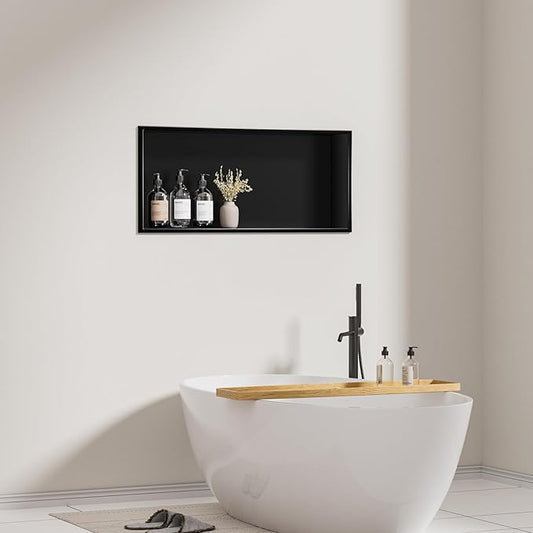 304 Stainless Steel Recessed Shelf,Over Mount Installation for Bathroom & Shower Wall,Waterproof (Black, 24 X 12 X 4 Inches)