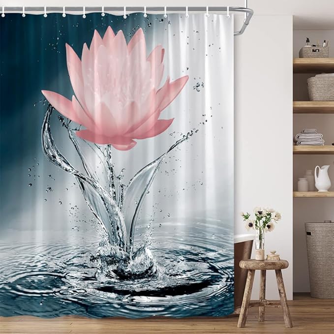 Lotus Shower Curtain Black White Blue Red Flower Elegant Blooming Floral with Dew Spring Flower Reflection on Water Modern Romantic Polyester Fabric Bathroom Decor 70×78 Inch with Hook