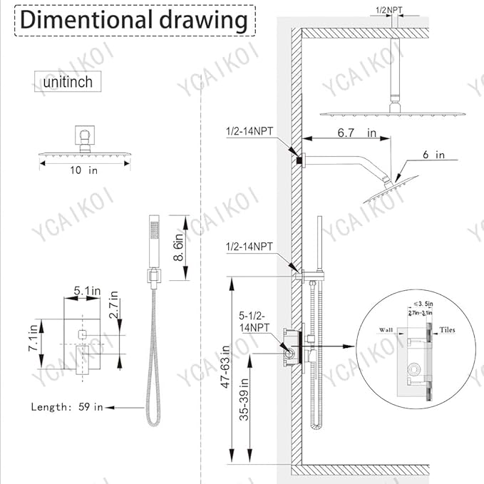 Shower Faucet Set Matte Black Shower System, Knob Switch Diverter Shower Faucet with High Pressure Handheld Spray, Ceiling Mount 10 Inch Shower Head with 6 Inch Wall Mount Shower Head