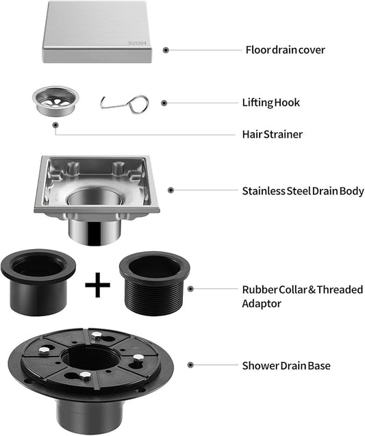 Hidden Brushed Square Shower Floor Drain, Silver 4 inch, 304 Stainless Steel, with Flange, Detachable Cover Embedded with Ceramic Tiles