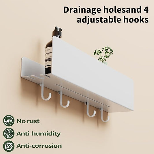 REKITA No Drill Shower Shelf Organizer, 40cm Stainless Steel Bathroom Storage with 4 Removable Hooks, Adhesive Wall Mounted Shower Caddy, Rustproof Bath Shelf for Bathroom Kitchen Living Room