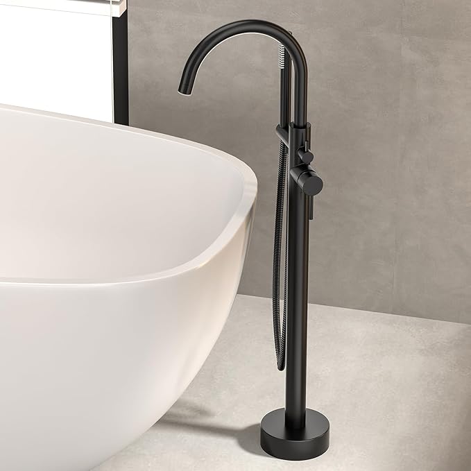 Freestanding Bathtub FaucetFloor Mount Bathtub Filler Shower Mixer Faucet with Handheld Shower Sprayer Swivel, Bottom Inlet,Matte Black