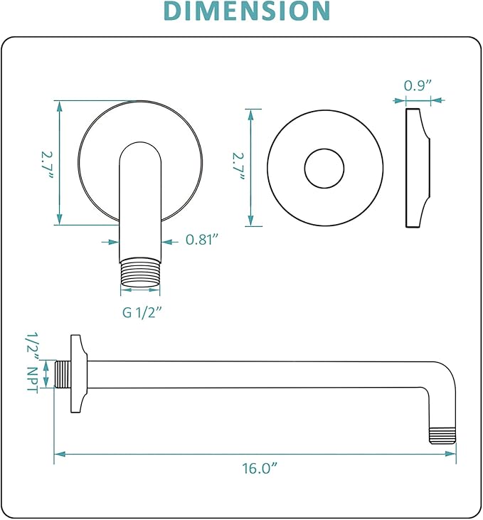 BESTILL 16 Inch L-Shaped Shower Head Extension Arm, Shower Arm and Flange Included, Brushed Gold