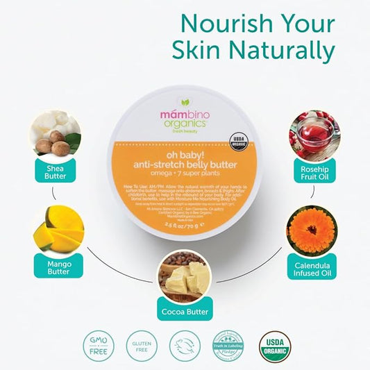 Mambino Organics Oh Baby! Belly Butter, Belly Cream with Shea Butter for Pregnancy, Minimizes Stretch Marks, Vegan, Cruelty-Free, Maternity Skin Care, 2.5 fl oz