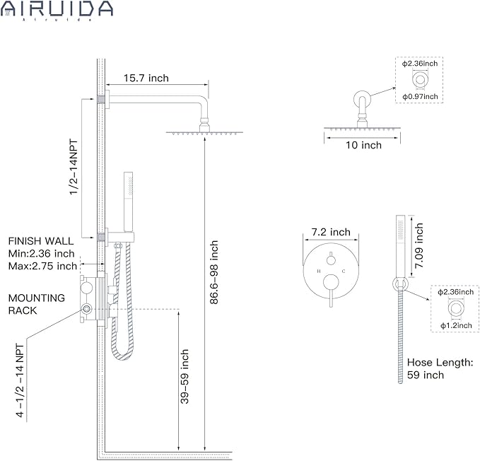 Airuida Shower Fixtures 2 Functions Shower Faucet Set Wall Mounted for Bathroom High Pressure Brass Handheld Shower with Rough-in Valve Round Rainfall 10 Inch Shower Head Matte Black