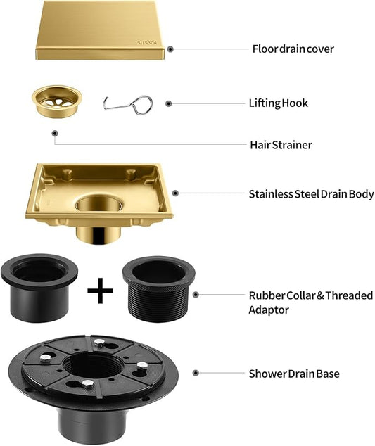Hidden Brushed Square Shower Floor Drain, Gold 6 inch, 304 Stainless Steel, with Flange, Detachable Cover Embedded in Ceramic Tiles