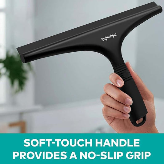 All-Purpose Shower Squeegee for Glass Doors with Hook, Silicone Squeegee for Shower Glass, Shower Doors, Windows, Bathroom, Mirrors and Tiles(10 inch, Black)