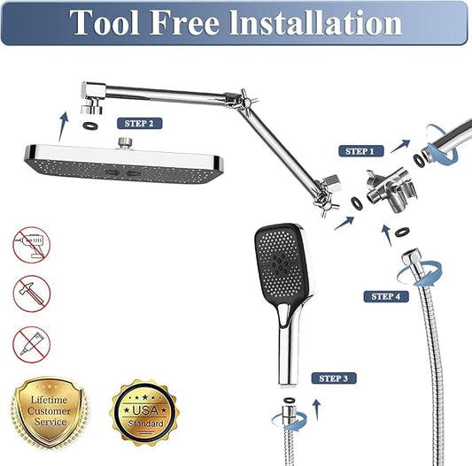 14 Inch Rain Shower Head with Handheld Spray Combo and Extention Arm, Rainfall Waterfall High Pressure Large Shower Heads, Dual Showerhead with 3-Way Diverter - Height/Angle Adjustable(Chrome)