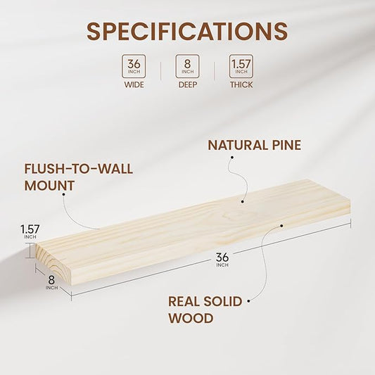Heimlove 36 inch Floating Shelves for Wall,2 Packs Natural Pine Solid Wood Floating Shelves, 8 inches Deep Wooden Shelves for Kitchen Bedroom Office & Living Room Display Wall Decor