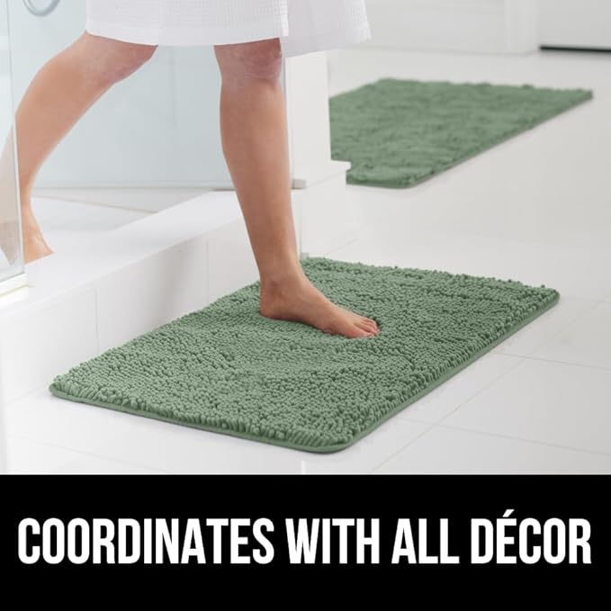GORILLA GRIP Bathroom Rug Sets 3 Piece, Bath Mat Set and Oval Toilet Base with Rubber Backing, Plush Absorbent Shaggy Chenille Washable Mats, Includes 24x19.5, 24x17 and 36x24 Inch Rugs, Sage