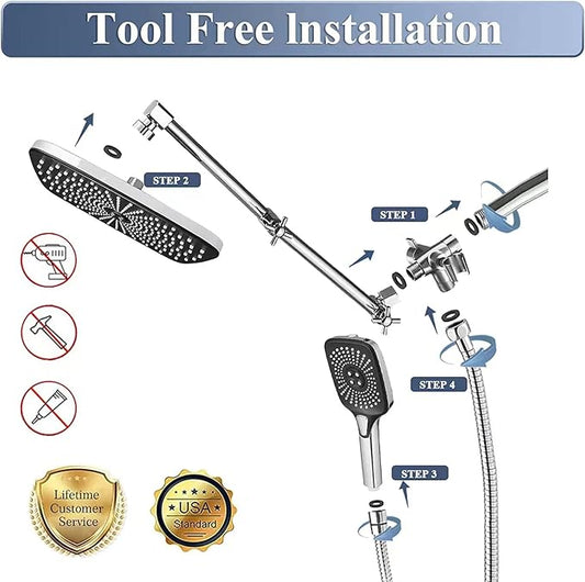 12 Inch Rain Shower Head with Handheld Spray Combo and Extention Arm, High Pressure Rainfall Waterfall Shower Heads, Dual Showerhead with 3-Way Diverter - Height/Angle Adjustable(Chrome)