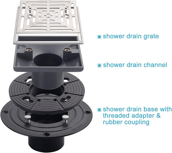 4-1/4"Square Brushed Nickel Shower Drain,Base with Adjustable Drain Flange Kit PVC,Removable Grille Strainer Drain Cover with Screws,SUS304 Stainless Steel