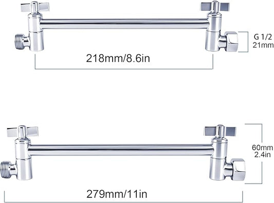 Heavy Duty Adjustable Shower Arm, 11" Brass Extension with Gear Lock Teeth & Swivel Nut, Strong Load Support, No Sagging, Keeps Shower Head Straight, Leak-Free, G1/2 Universal (Chrome)