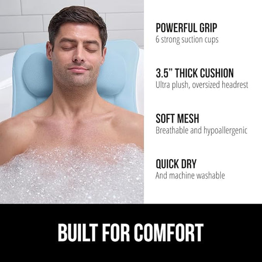GORILLA GRIP Bath Pillow for Tub with Powerful Suction Cups, Headrest Pillows for Neck and Back Support, Machine Wash, Bathtub and Hot Tub Accessories, Relaxing Gift Essentials for Women, Spa Blue