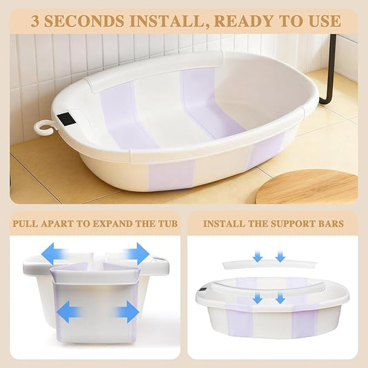 Baby Bathtub, Baby Bath Tub with Thermometer & Soft Cushion, Collapsible Infant Bathtub for Newborn to Toddler 0-36 Months, Quick Use & Portable for Travel(Purple)