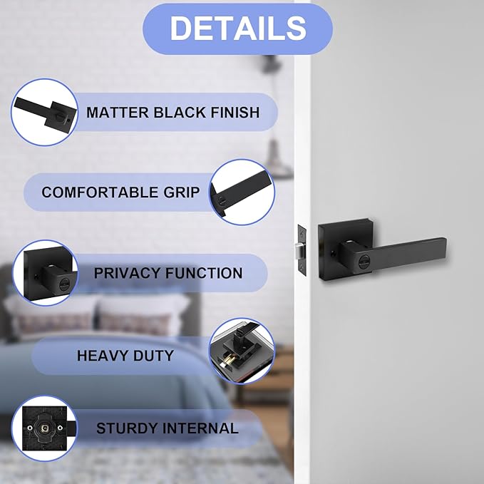 Privacy Door Levers, 5 Pack Matte Black Door Handles, Bed and Bath Door Locksets Heavy Duty Keyless Interior Handles, Reversible for Left Right Handed Doors