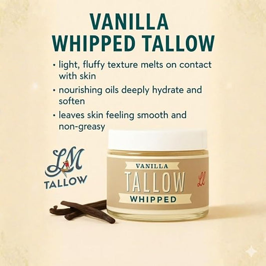 Whipped Tallow 24oz - All Natural Face Cream + Whole Body Moisturizer for Dry Skin - Made With Scented Oil Blend - No Preservatives, Parabens or Seed Oils - USA Made (Vanilla)
