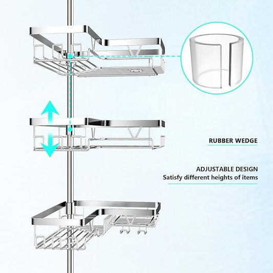 Corner Shower Caddy Tension Pole - Chrome Tension Rod Shower Caddy Adjustable Shampoo Holder for Bathroom/Bathtub/RV, Stainless Steel, Floor to Ceiling 25-114.2 inch