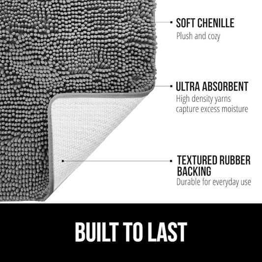 GORILLA GRIP Bath Rug Mat, Thick Soft Absorbent Chenille, Quick Dry Microfiber Mats, Rubber Backing Washable Shower Floor Rugs, Bathmat Runner, US Designed Bathroom Home Decor Accessories 24x17, Grey