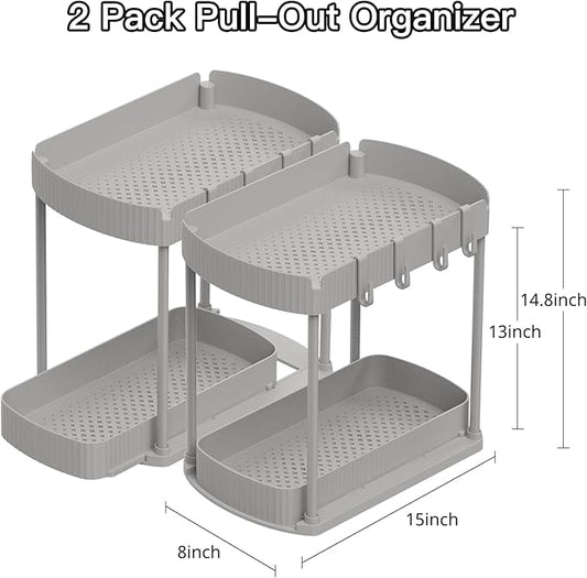 2 Pack Multi-Purpose Pull-Out Storage Organizers, Under Sink Organizers and Storage for Bathroom & Kitchen, Under Cabinet Organizers and storage, 14.8 Inch, Grey