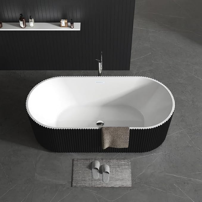 GarveeLife Freestanding Bathtubs 67 inch Black & White Acrylic Free Standing Soaking Tub – Contemporary Striped Design with Overflow Cover, Pop-Up Drain & Concealed Plumbing for Luxury Bathrooms