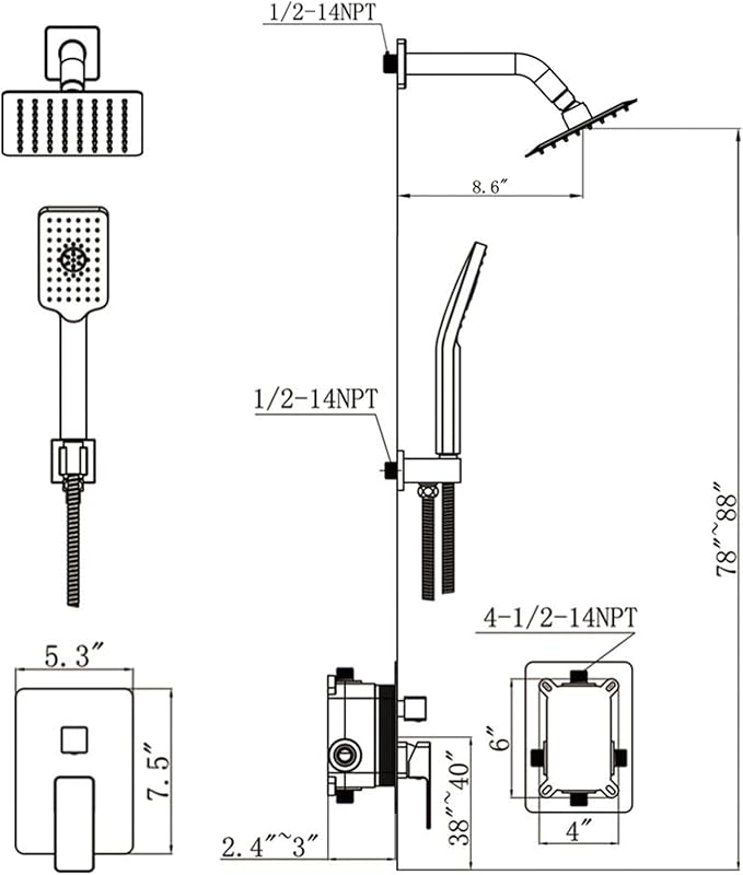 Shower System Modern Rain 8 inches Brass Faucet Set With Valve and Diverter Shower Mixer With Handheld High Pressure Square Rainfall Shower Valve (8'' Wall Mount, Matte Black)