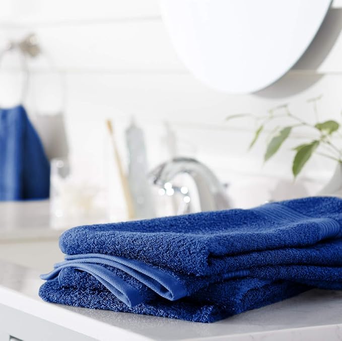 Amazon Basics 6 Piece hand towels for bathroom, Fade Resistant 100% Cotton Hand Towels, soft absorbent bathroom hand towels 6 - Pack (26''x16''), Navy Blue