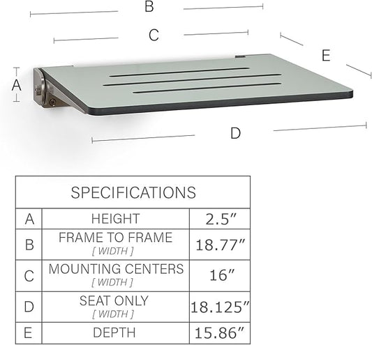 18 inch Silhouette Slimline Folding Wall Mount Shower Bench Seat, Sea Green Seat with Silver Frame