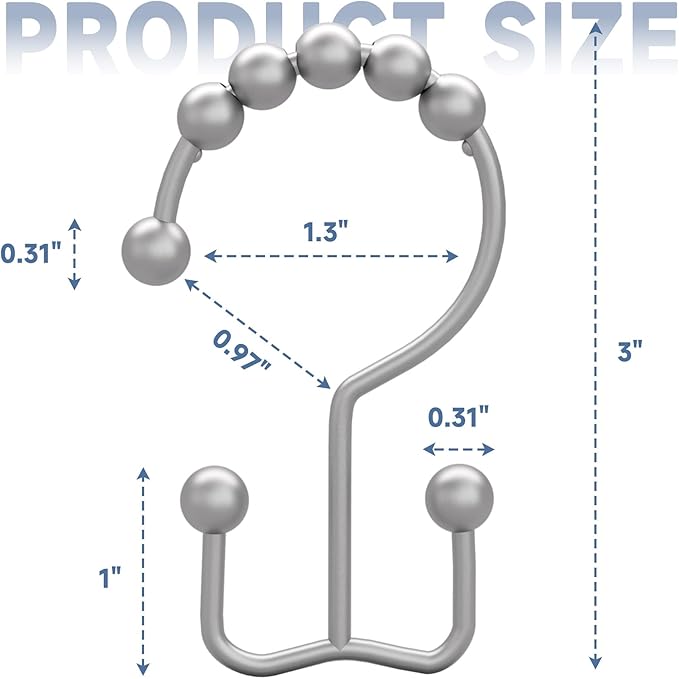 Titanker Shower Curtain Hooks Rings, Rust-Resistant Metal Double Glide Shower Hooks for Bathroom Shower Rods Curtains, Set of 12 Hooks - Space Silver