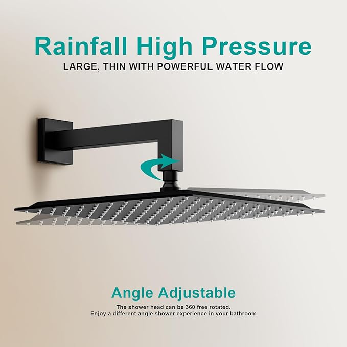 Square Rain Shower Head, High Flow Stainless Steel,Work with any decorative style,All Metal Rainfall Shower Head (Matte Black, 12)