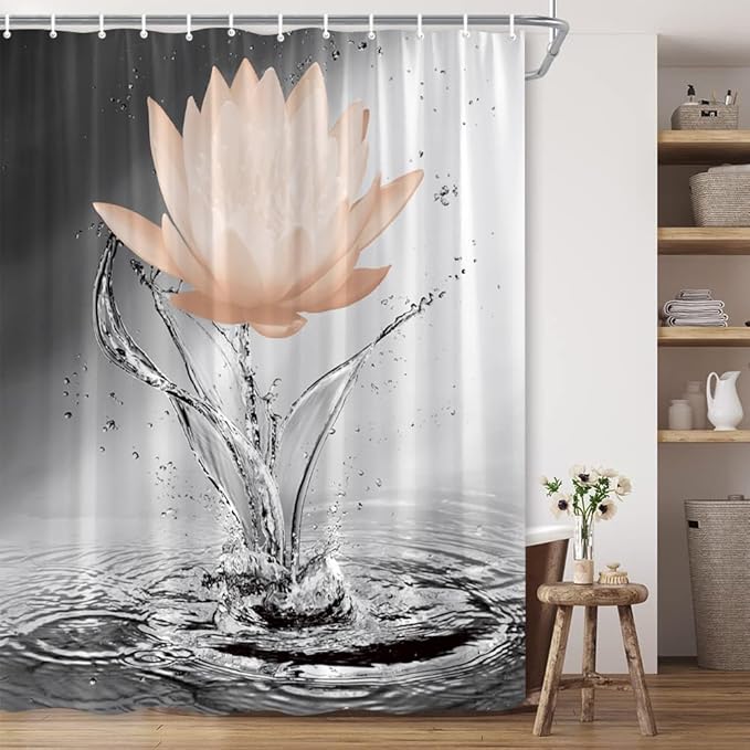 Lotus Shower Curtain Black White Grey Orange Flower Elegant Blooming Floral with Dew Spring Flower Reflection on Water Modern Romantic Polyester Fabric Bathroom Decor 108×70 Inch with Hook