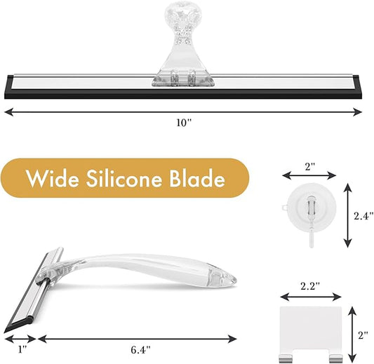 AmazerBath Shower Squeegee for Glass Doors, All-Purpose Squeegee with Suction Hook & Adhesive Hook, Clear Squeegee for Shower Glass, Windows, Mirrors, Tiles and Car Windows - 10 Inches, Clear