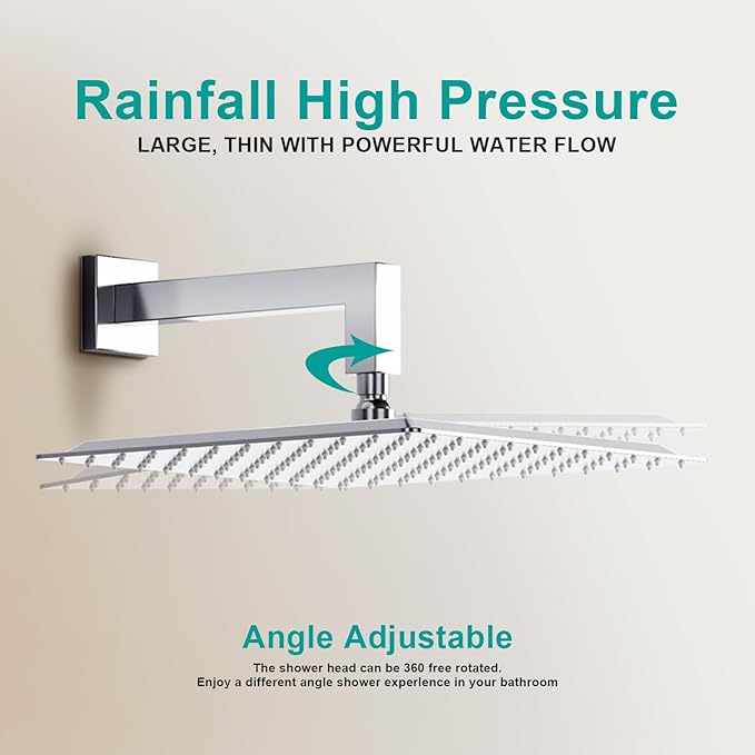 Square Rain Shower Head, High Flow Stainless Steel,Work with any decorative style,All Metal Rainfall Shower Head (Chrome, 12)