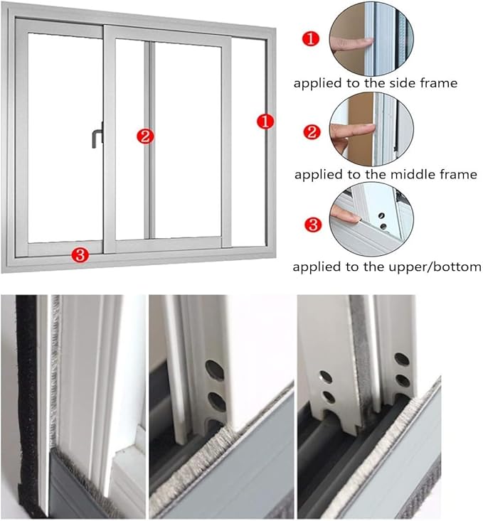 Door Brush Weather Stripping for Sliding Windows Exterior Doors Frame Side,Pile Self Adhesive Weatherstrip Seal Strip Soundproof Sealer Draft Stoppers(33ft 0.35''Wide x 0.2''Thick, Black)