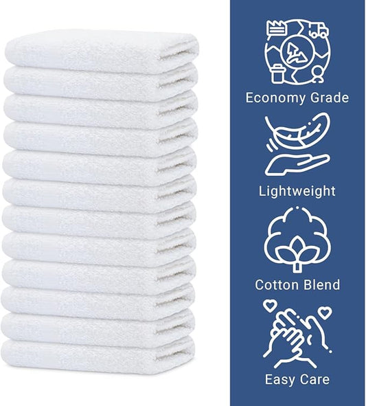 GOLD TEXTILES 12 Pack Economy White Washcloths Set (12x12 inches) - Cotton Blend Commercial Grade Cleaning Rags, Quick Drying & Soft Face Cloths, Fingertip Towels for Bathroom, Spa, Gym, and Kitchen
