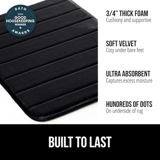 GORILLA GRIP Memory Foam Bath Mat, Soft Absorbent US Designed Bathroom Rug, Gripping Dots Machine Washable Bathmat, Cushioned Floor Mats, Shower Sink Rugs Room Décor Accessories, 24x17 Black