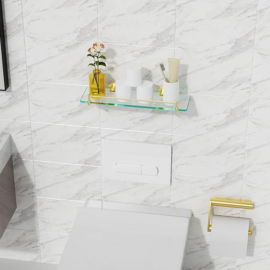 Glass Bathroom Shelves,Brushed Gold Floating Shelves for Wall Rectangular Modern Stainless Steel Glass Shelf for Bathroom Shelves Wall Mounted 16 Inch