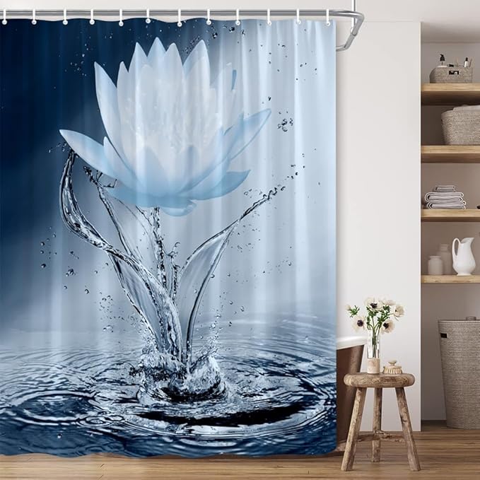 Lotus Shower Curtain Blue Flower Elegant Blooming Floral with Dew Spring Flower Reflection on Water Modern Romantic Polyester Fabric Bathroom Decor 108×70 Inch with Hook