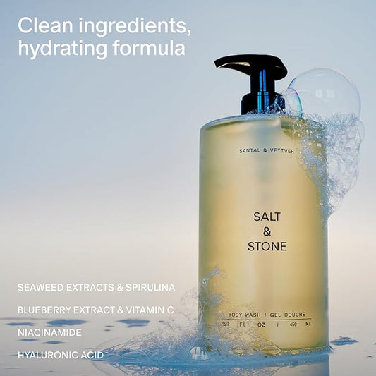 Salt & Stone Antioxidant-Rich Body Wash - Santal & Vetiver | Cleanse, Nourish & Soften Skin with Niacinamide & Hyaluronic Acid | Free From Parabens, Sulfates & Phthalates (15.2 fl oz)