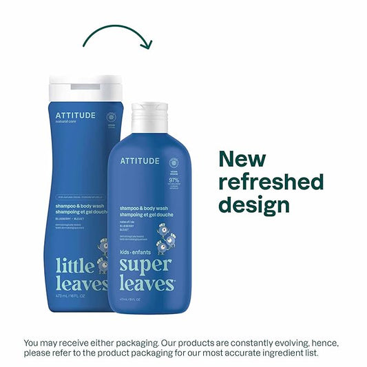 ATTITUDE Shampoo and Body Wash for Kids, EWG Verified Hair and Body Cleanser, Dermatologically Tested Soap, Plant and Mineral Based Bath Products, Vegan, Blueberry, 16 Fl Oz